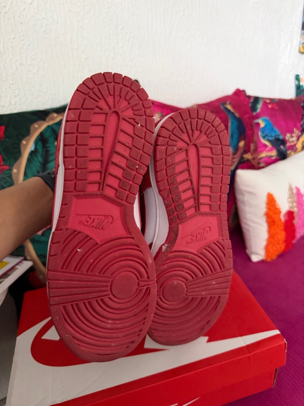 Nike Dunk Low Red and White Suede Sneakers with Burgundy Swoosh - Picture 10 of 10